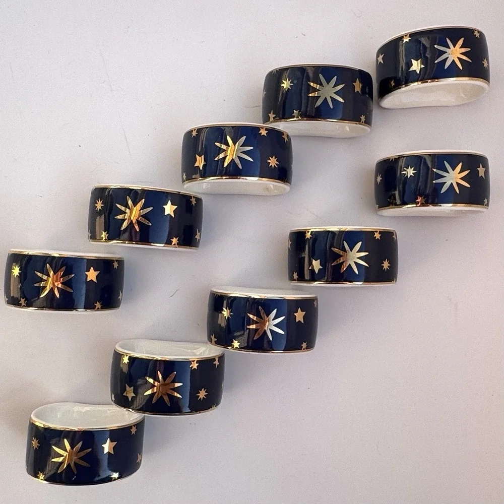 VTG 90s Sakura Napkin Rings Celestial Stars (10) Porcelain 14K Gold Night Sky
